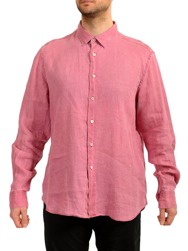 Malo Men's Pink 100% Linen Long Sleeve Dress Shirt Us 18 It 44